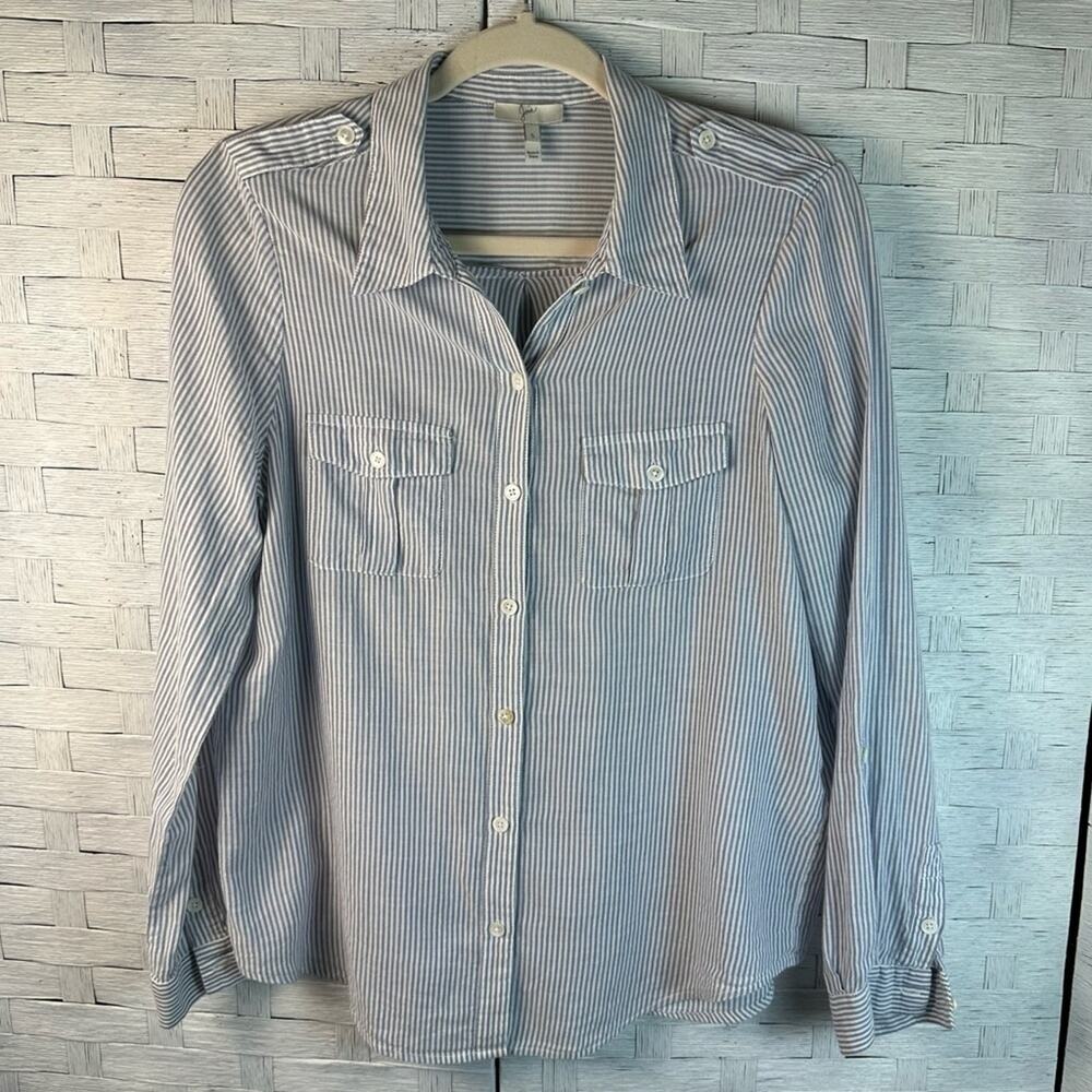 Joie classic blue & white striped button down 100% cotton office roll tab sleeve